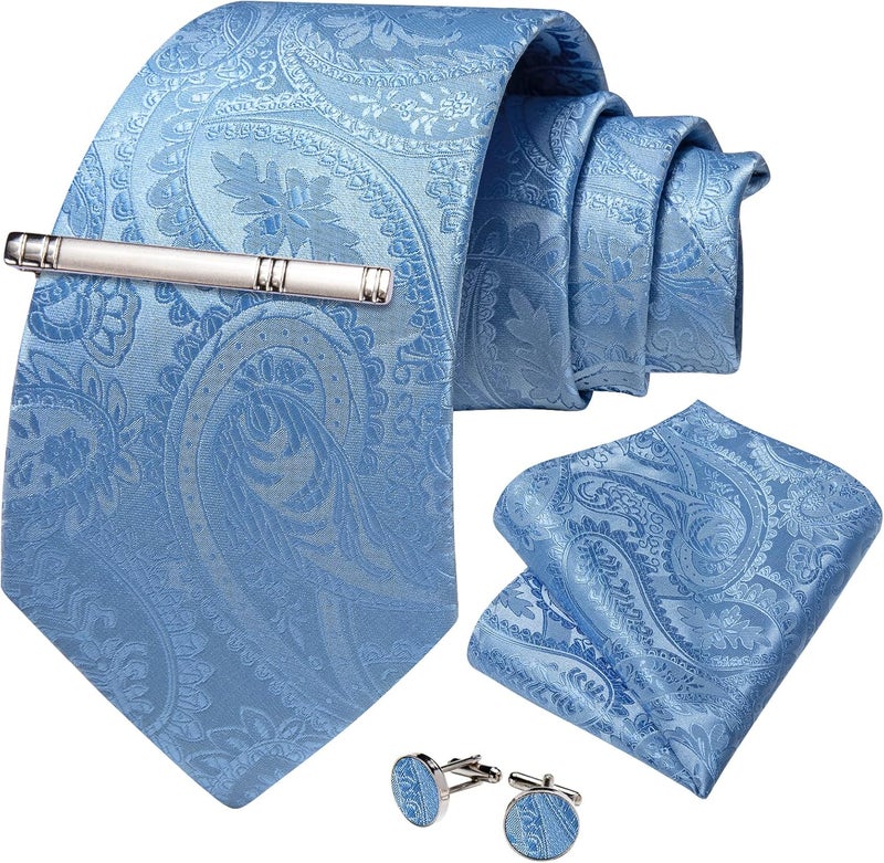 DiBanGu Paisley Ties for Men Silk Necktie and Pocket Square Cufflinks Tie Clip Set Woven Classic Mens Tie for Wedding Party - Image 3